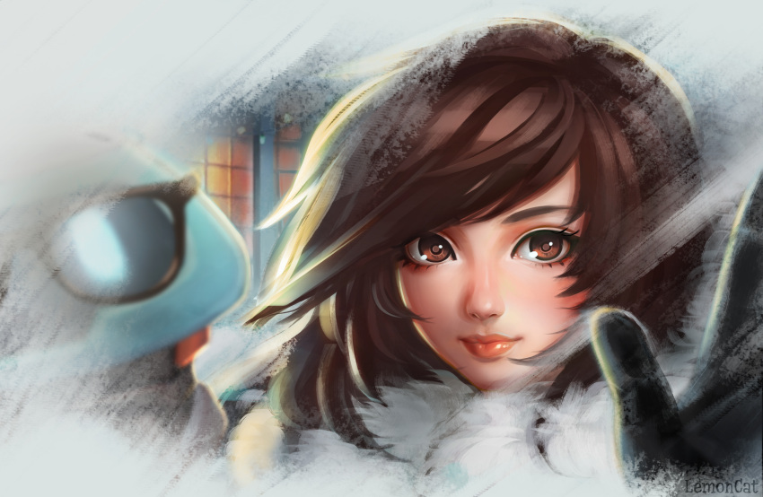 1girl absurdres artist_name black_gloves brown_eyes brown_hair closed_mouth eyelashes fur_trim gloves highres lemon_cat looking_at_viewer mei_(overwatch) nose overwatch portrait solo