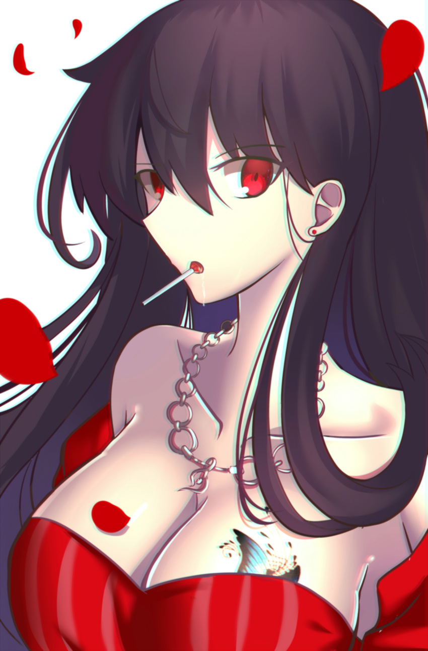 1girl absurdres bangs breast_tattoo breasts candy cleavage collarbone dress eyebrows_visible_through_hair fate/prototype fate/prototype:_fragments_of_blue_and_silver fate_(series) food food_in_mouth grey_background hair_between_eyes highres jewelry large_breasts lollipop long_hair looking_at_viewer necklace paperfinger petals red_dress red_eyes reiroukan_misaya saliva simple_background solo tattoo upper_body