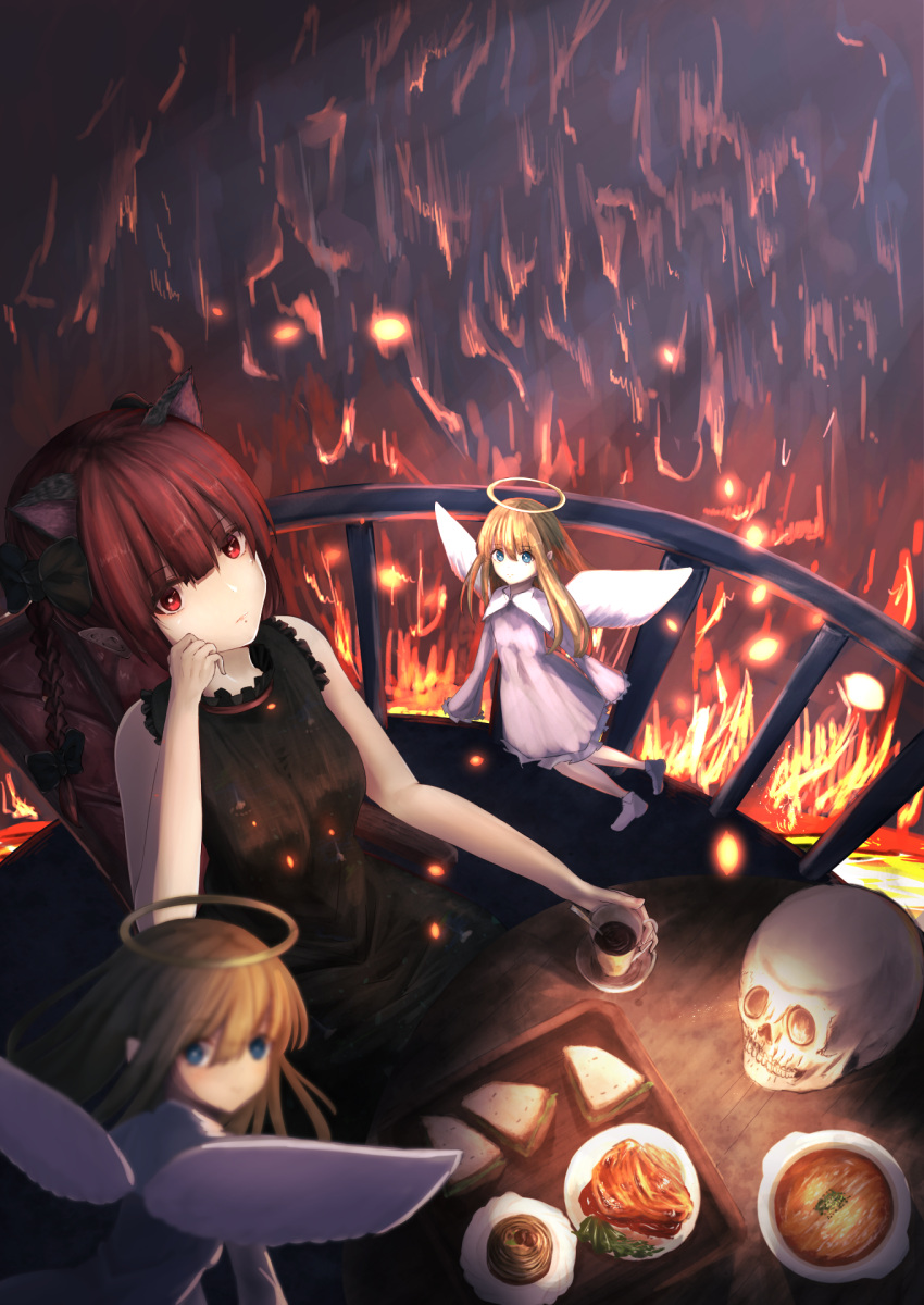 3girls animal_ears bare_shoulders blonde_hair blurry braid breasts cacao_devil cat_ears cub depth_of_field dress extra_ears fire food from_above frown hair_ribbon halo head_on_hand highres kaenbyou_rin long_hair looking_at_viewer multiple_girls red_eyes redhead ribbon sandwich sitting skull sleeveless sleeveless_dress touhou twin_braids zombie_fairy