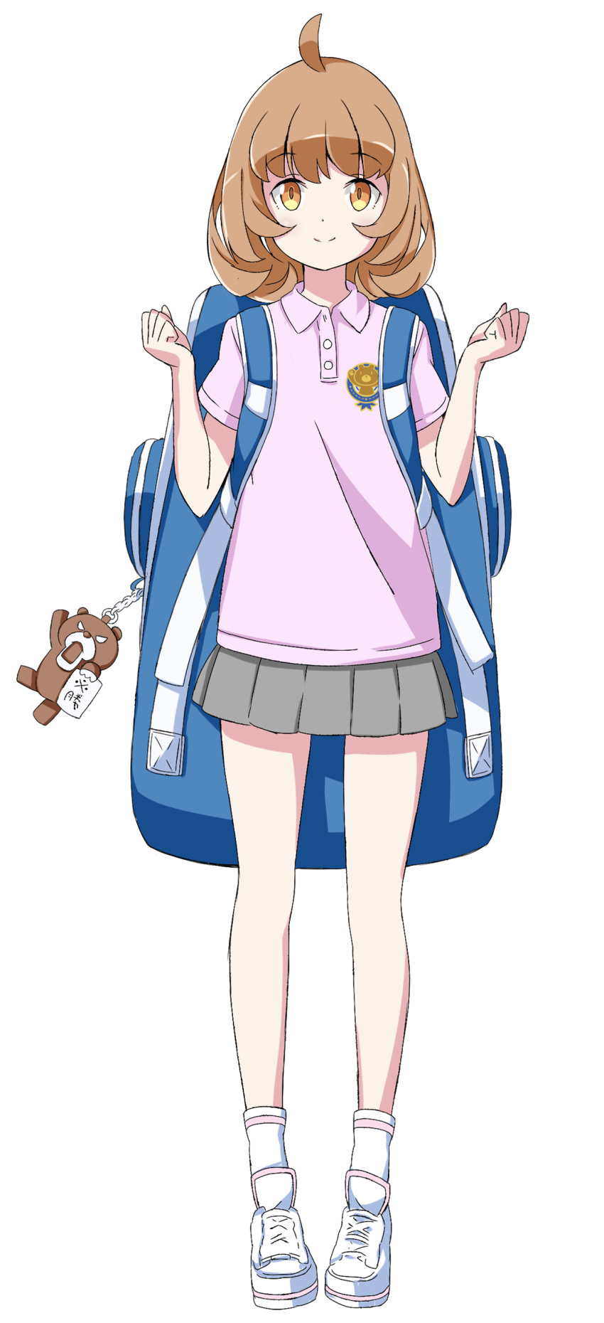 1girl absurdres backpack bag brown_eyes brown_hair clenched_hands full_body grey_skirt henkei_shoujo highres keychain logo looking_at_viewer official_art pink_shirt pink_shorts pleated_skirt polo_shirt raised_hands rin_(henkei_shoujo) shirt shoes short_sleeves shorts skirt smile socks solo stuffed_animal stuffed_toy teddy_bear transparent_background white_legwear white_shoes
