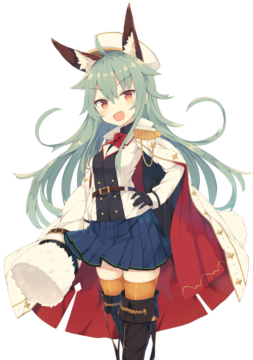 &gt;:d 1girl :d ahoge animal_ears belt belt_buckle black_gloves boots bow bowtie brown_eyes buckle coat commentary_request epaulettes eyebrows_visible_through_hair fang fur_trim gloves green_hair hair_flaps hand_on_hip hat highres jacket jacket_on_shoulders long_hair long_sleeves looking_at_viewer military military_uniform nibiiro_shizuka open_mouth original peaked_cap pleated_skirt red_bow red_bowtie simple_background skirt smile solo standing thigh-highs thigh_boots uniform white_background zettai_ryouiki