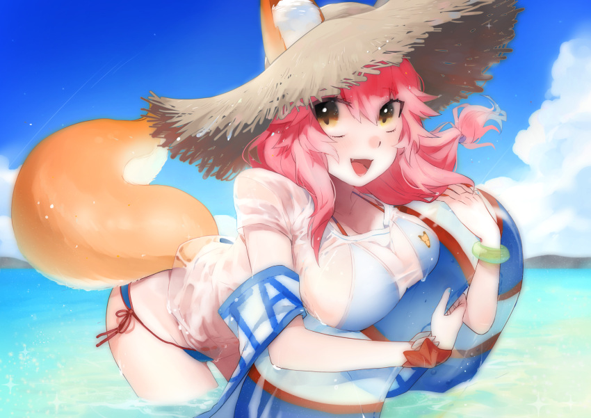 1girl animal_ears bango0823 bikini blue_bikini blush breasts cleavage ears_through_headwear fang fate/extra fate/grand_order fate_(series) fox_ears fox_tail hat highres large_breasts long_hair looking_at_viewer ocean open_mouth outdoors pink_hair see-through solo swimsuit tail tamamo_(fate)_(all) tamamo_no_mae_(swimsuit_lancer)_(fate) wet wet_clothes yellow_eyes