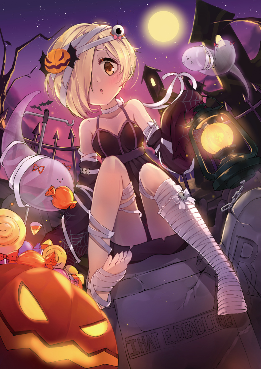 1girl bandage barefoot black_dress blonde_hair blush breasts cleavage detached_sleeves dress feet food_themed_hair_ornament full_moon ghost hair_ornament hair_over_one_eye halloween halloween_costume highres holding_lantern idolmaster idolmaster_cinderella_girls jksh5056 looking_at_viewer moon night outdoors pumpkin_hair_ornament shirasaka_koume short_dress short_hair sitting sleeveless sleeveless_dress small_breasts solo toeless_legwear toes yellow_eyes