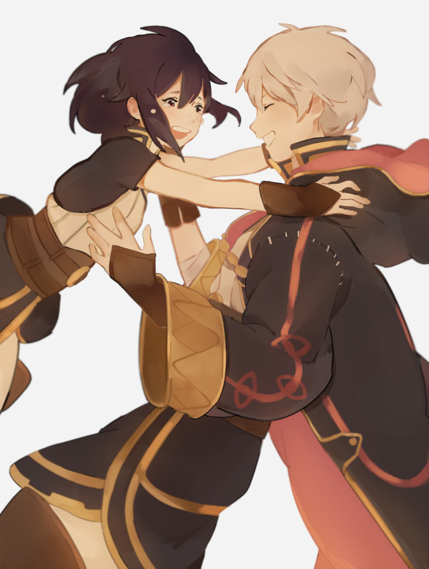 1boy 1girl black_hair closed_eyes crying elbow_gloves father_and_daughter fire_emblem fire_emblem:_kakusei gloves highres male_my_unit_(fire_emblem:_kakusei) mark_(fire_emblem) my_unit_(fire_emblem:_kakusei) pararade simple_background smile tears white_hair