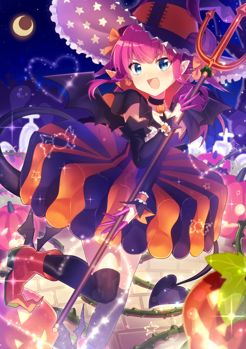 &gt;:d 1girl :d absurdres bat_wings black_legwear blue_eyes boots choker claws crescent_moon cross detached_sleeves dragon_girl dress earrings elizabeth_bathory_(halloween)_(fate) eyebrows_visible_through_hair fang fate/grand_order fate_(series) ghost halloween hat heart highres holding holding_weapon horns ichiren_namiro jack-o'-lantern jewelry lancer_(fate/extra_ccc) lens_flare long_hair looking_at_viewer moon night night_sky one_leg_raised open_mouth pavement pink_hair pointy_ears polearm pumpkin shoes sky smile solo standing standing_on_one_leg star tail thigh-highs tombstone trident weapon winged_shoes wings witch_hat