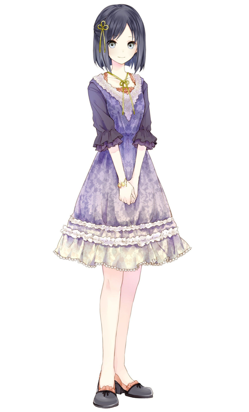 1girl absurdres black_hair collarbone dress frilled_dress frilled_shoes frills full_body grey_eyes hair_ornament highres kishida_mel looking_at_viewer neck_ribbon ribbon school_fanfare short_hair simple_background solo standing white_background yellow_ribbon