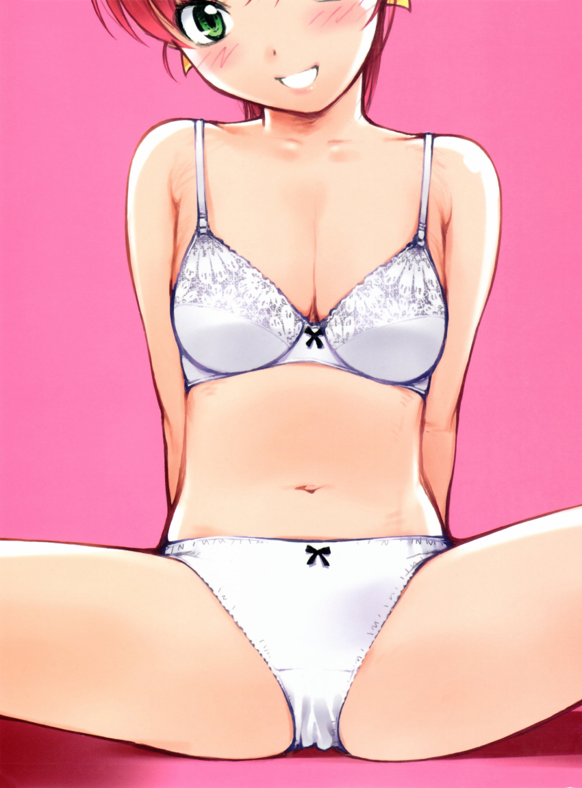 1girl absurdres arms_behind_back bow bow_bra bow_panties bra breasts green_eyes grin hayase_mina highres kiriyama_taichi looking_at_viewer navel panties pink_background pink_hair sexfriend simple_background small_breasts smile solo spread_legs underwear underwear_only white_bra white_panties