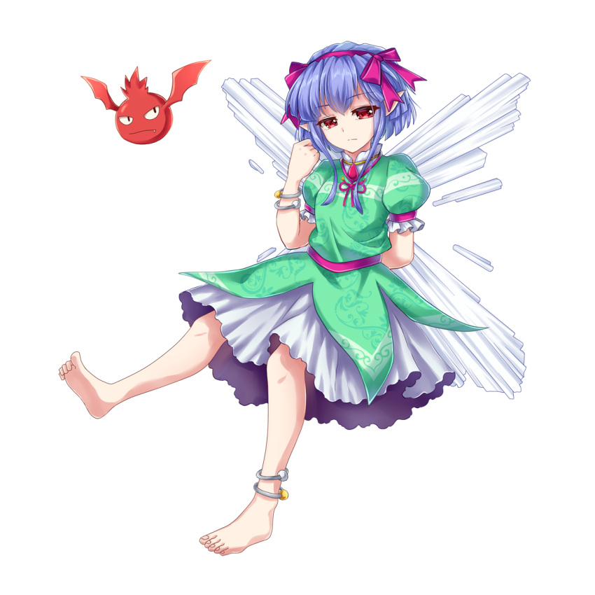 1girl anklet barefoot blue_hair bow bracelet closed_mouth derivative_work dress elfin_mint expressionless frills full_body green_dress hair_bow hairband hichou highres jewelry looking_at_viewer original pink_bow pink_hairband pointy_ears red_eyes short_hair solo the_last_comer touhou white_background wings