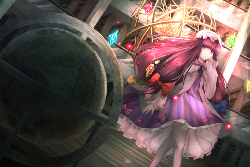 1girl adjusting_hair bookshelf cacao_devil crescent crescent_moon_pin crystal dress globe hair_ribbon hat highres library long_hair mob_cap patchouli_knowledge purple_hair ribbon solo striped striped_dress touhou violet_eyes voile