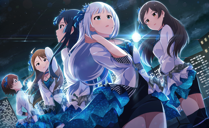 5girls ahoge aqua_eyes bangs black_dress blue_choker blue_eyes blue_hair blue_ribbon brown_hair building choker city dress hair_ornament hair_ribbon hand_in_hair idol_clothes idolmaster idolmaster_million_live! idolmaster_million_live!_theater_days jacket julia_(idolmaster) kitazawa_shiho lights long_hair looking_afar looking_at_another mogami_shizuka multiple_girls narumi_nanami night night_sky open_mouth outdoors redhead ribbon rooftop shiraishi_tsumugi shooting_star short_dress short_hair silver_hair sky star_(sky) starry_sky thigh-highs tokoro_megumi violet_eyes white_jacket yellow_eyes zettai_ryouiki