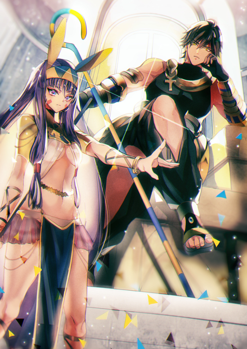 1boy 1girl backlighting bangs black_hair bracelet bracer breasts closed_mouth egyptian egyptian_clothes facial_mark fate/grand_order fate/prototype fate/prototype:_fragments_of_blue_and_silver fate_(series) hairband hand_on_own_cheek highres jewelry legs_apart legs_crossed long_hair looking_at_viewer navel nitocris_(fate/grand_order) outstretched_arm pelvic_curtain purple_hair rider_(fate/prototype_fragments) sakura_hitsuji sandals sitting small_breasts staff standing under_boob violet_eyes yellow_eyes