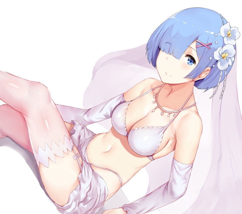 1girl absurdres alternate_costume arms_at_sides bangs bare_shoulders bikini blue_eyes blue_hair blunt_bangs blush bow breasts bridal_veil bride cleavage closed_mouth collarbone detached_sleeves eyebrows_visible_through_hair eyes_visible_through_hair flower garter_straps hair_flower hair_ornament hair_over_one_eye hews_hack highres jewelry looking_at_viewer medium_breasts midriff navel necklace patreon_reward petticoat re:zero_kara_hajimeru_isekai_seikatsu rem_(re:zero) shiny shiny_clothes short_hair simple_background sitting smile solo stomach string_bikini swimsuit thigh-highs thighs underwear veil white white_background white_bikini white_bow white_flower white_legwear x_hair_ornament