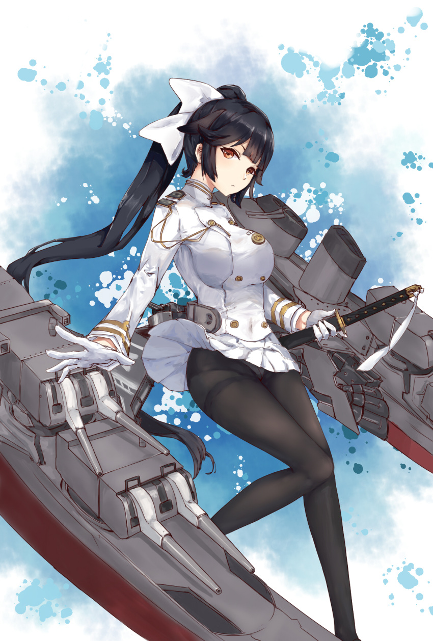 1girl bangs bilan_hangxian black_hair black_legwear blunt_bangs blush bow breasts brown_eyes canon closed_mouth commentary_request crotch_seam double-breasted gloves hair_bow highres holding holding_sword holding_weapon jin_yun katana large_breasts legs_apart long_hair long_sleeves machinery military military_uniform panties panties_under_pantyhose pantyhose pantyshot pantyshot_(standing) pleated_skirt ponytail rigging sheath sheathed skirt skirt_lift solo standing sword takao_(bilan_hangxian) thighband_pantyhose underwear uniform upskirt weapon white_bow white_gloves white_panties white_skirt
