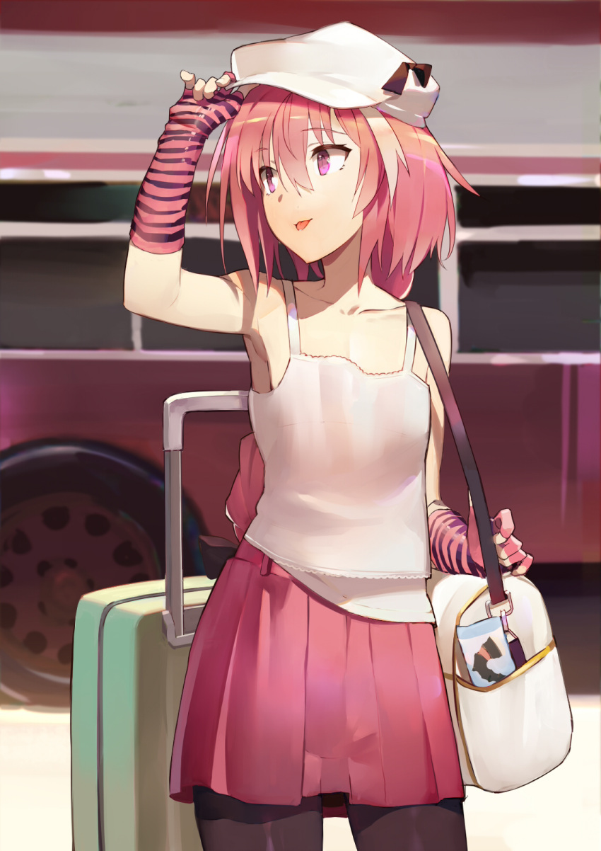 1boy adjusting_clothes adjusting_hat bag bianyuanqishi black_legwear collarbone duffel_bag eyebrows_visible_through_hair fate/grand_order fate_(series) hat highres looking_away pantyhose pink_eyes pink_hair pink_skirt rider_of_black short_hair skirt solo suitcase tongue tongue_out trap white_hat