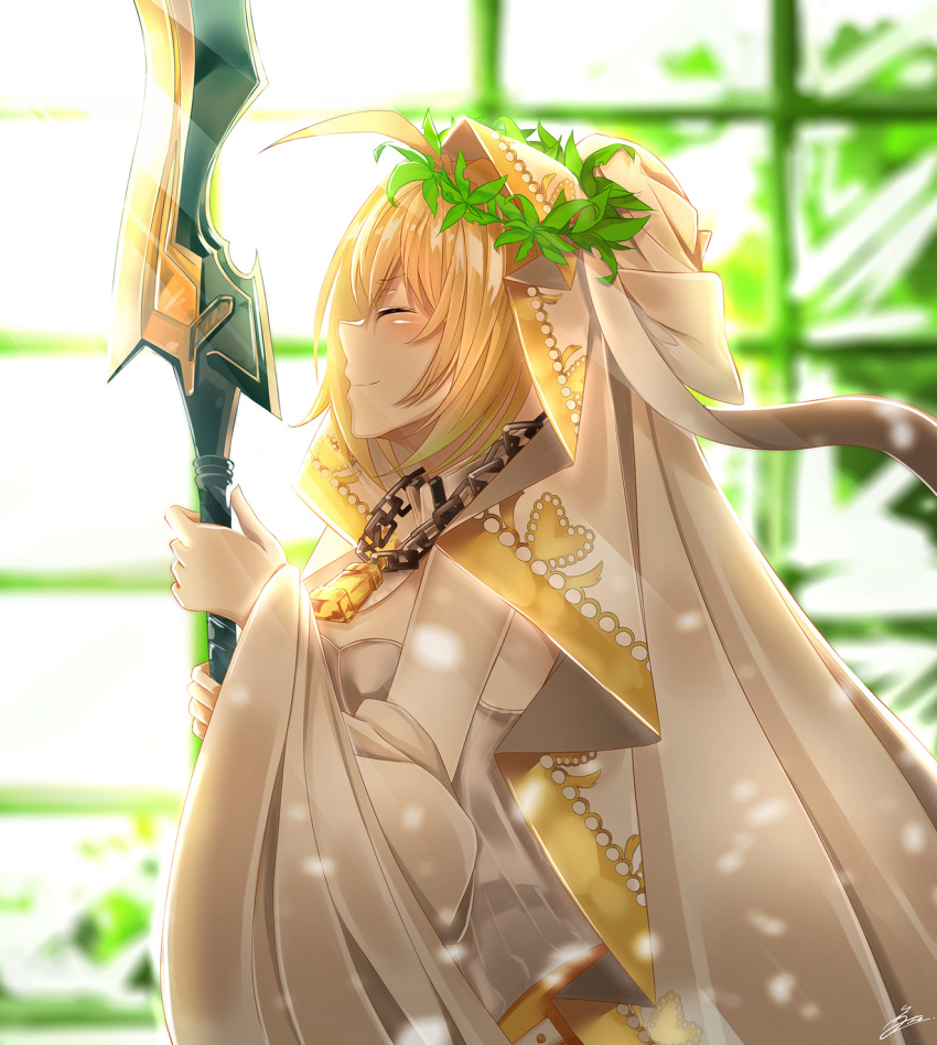 1girl aestus_estus ahoge artist_name bangs blurry blush bridal_veil chains closed_eyes depth_of_field eyebrows_visible_through_hair fate/extra fate/extra_ccc fate_(series) highres holding holding_sword holding_weapon iwai_minato lock long_sleeves padlock profile saber_bride saber_extra signature smile solo sword upper_body veil weapon wreath
