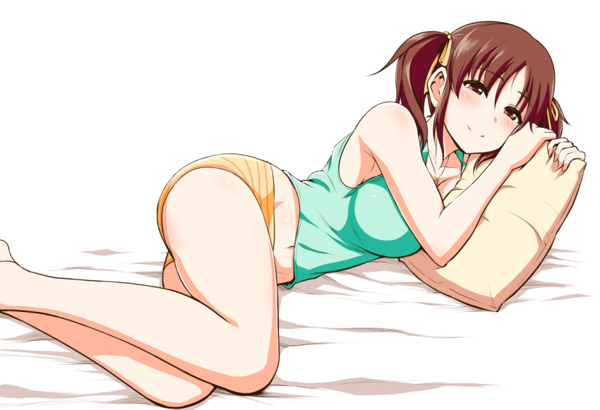 1girl armpits bare_arms bare_legs bare_shoulders barefoot belly_peek black_eyes blush breasts brown_hair closed_mouth groin idolmaster idolmaster_cinderella_girls jewelry kanno_takanori large_breasts looking_at_viewer lying navel necklace on_side pillow short_shorts shorts smile solo tank_top totoki_airi twintails