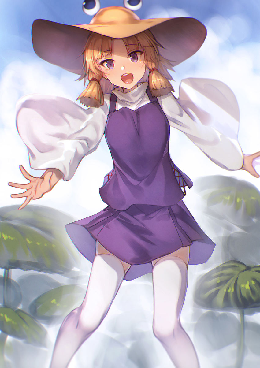 1girl blonde_hair blue_sky day hair_ribbon hat highres ibuki_notsu lily_pad long_sleeves looking_at_viewer moriya_suwako open_mouth outdoors purple_skirt red_ribbon ribbon sidelocks skirt sky smile solo thigh-highs touhou tress_ribbon vest violet_eyes white_legwear wide_sleeves