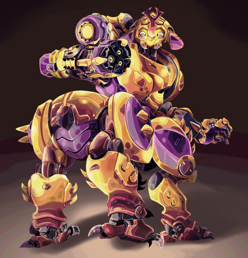 absurdres alternate_costume arm_cannon artsyrobo back centauroid clenched_hand highres horn megasoma_orisa omnic orisa_(overwatch) overwatch robot solo weapon yellow_eyes