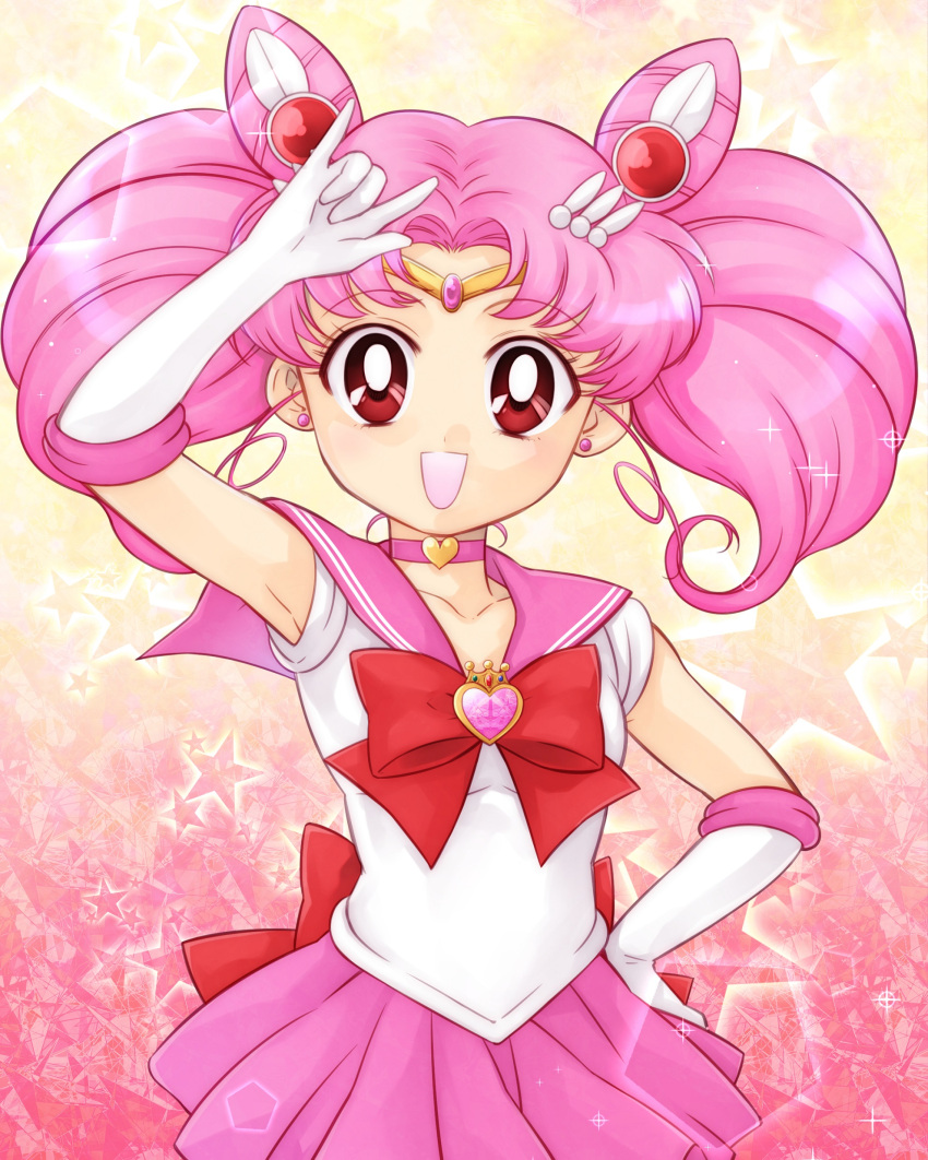 1girl :d \m/ absurdres arm_up bishoujo_senshi_sailor_moon bow brooch chibi_usa circlet double_bun earrings elbow_gloves gloves hair_ornament hairpin heart_choker highres jewelry looking_at_viewer magical_girl masateruteru open_mouth pink_choker pink_hair pink_sailor_collar pink_skirt pleated_skirt red_bow red_eyes sailor_chibi_moon short_hair skirt smile solo twintails white_gloves