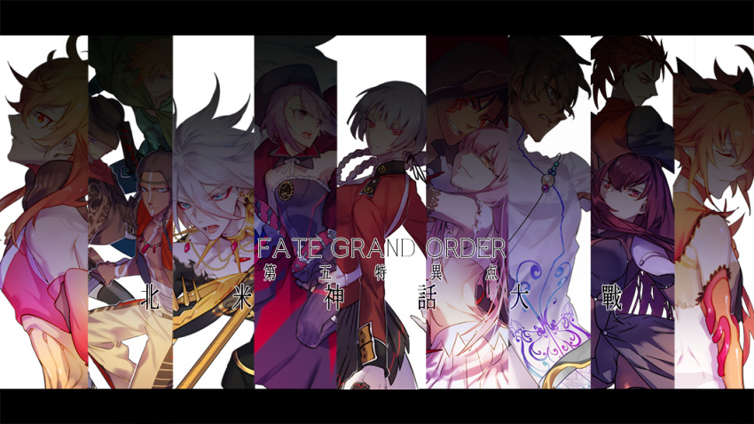 arjuna_(fate/grand_order) armor armpits assassin_(fate/extra) back bangs bare_back bare_shoulders belt billy_the_kid_(fate/grand_order) black_hair black_legwear black_skirt blonde_hair blue_eyes blush bodysuit boots braid breasts brown_eyes brown_hair cape clenched_hand closed_eyes coat covered_navel cu_chulainn_alter_(fate/grand_order) dagger dark_skin dark_skinned_male detached_collar elbow_gloves facial_mark fate/apocrypha fate/grand_order fate_(series) fedora florence_nightingale_(fate/grand_order) geronimo_(fate/grand_order) gloves green_cape gun hair_ornament hair_over_one_eye handgun hat helena_blavatsky_(fate/grand_order) holding holding_weapon hood hood_up jacket jewelry karna_(fate) krab large_breasts li_shuwen_(fate/grand_order) lion long_hair long_sleeves looking_at_viewer looking_down looking_to_the_side medb_(fate/grand_order) medium_breasts midriff military military_uniform multiple_boys multiple_girls off_shoulder open_clothes open_jacket open_mouth orange_eyes orange_hair pale_skin pants pauldrons pink_hair ponytail purple_bodysuit purple_hair rama_(fate/grand_order) red_eyes redhead revolver robin_hood_(fate/grand_order) scathach_(fate/grand_order) short_hair sita_(fate/grand_order) skirt small_breasts smile standing tattoo thigh-highs thomas_edison_(fate/grand_order) tied_hair trap twintails uniform very_long_hair violet_eyes weapon white_gloves white_hair white_legwear white_skirt yellow_eyes