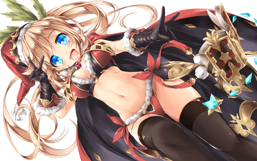 1girl black_gloves black_legwear blue_eyes bra breasts cape clarisse_(granblue_fantasy) dutch_angle fur_trim gloves granblue_fantasy hat highres kamiya_tomoe large_breasts light_brown_hair long_hair looking_at_viewer navel open_mouth panties ponytail red_bra red_panties santa_costume santa_hat simple_background smile solo stomach thigh-highs underwear v very_long_hair white_background