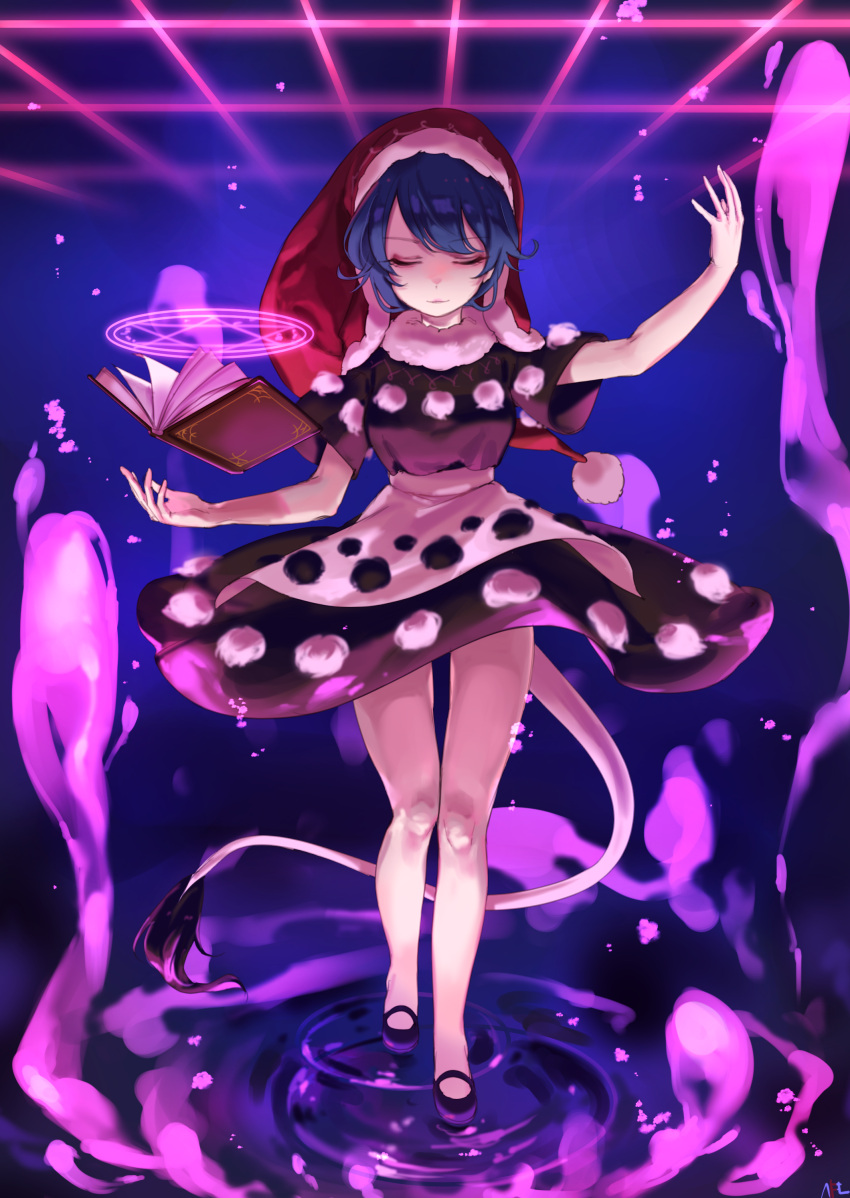 1girl absurdres black_dress black_shoes blue_hair book closed_eyes doremy_sweet dream_soul dress full_body fur_collar hat highres magic_circle nightcap outstretched_arm pom_pom_(clothes) ripples shan shoes short_hair short_sleeves solo standing tail tapir_tail touhou