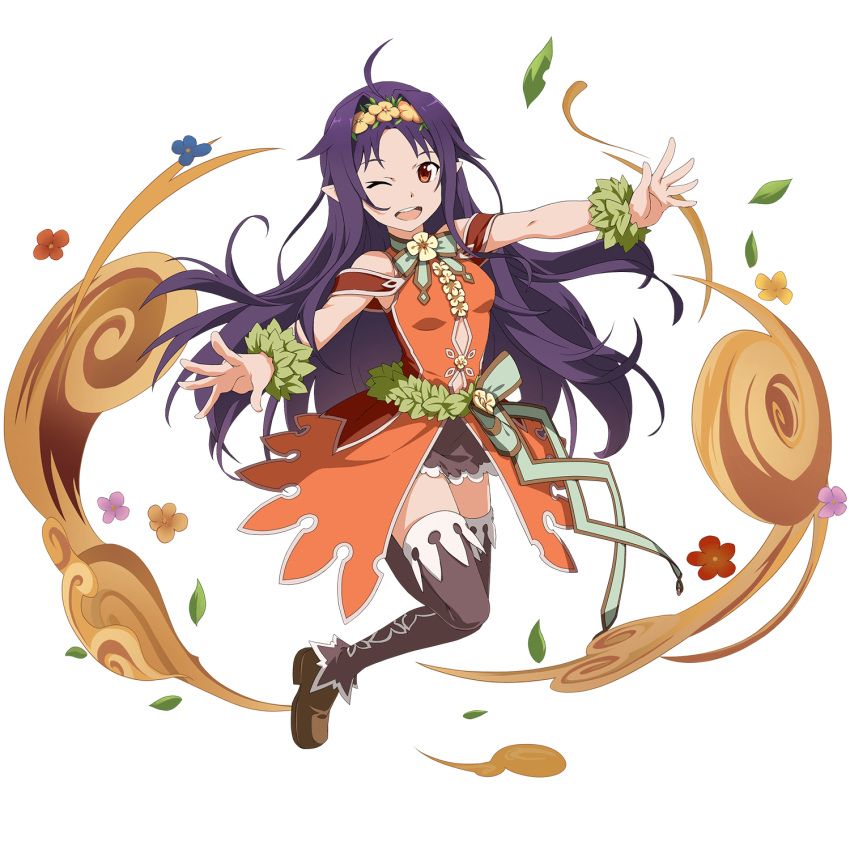 1girl ;d ahoge breasts brown_legwear brown_skirt floating_hair full_body head_wreath highres long_hair looking_at_viewer miniskirt one_eye_closed open_mouth outstretched_arms pointy_ears purple_hair red_eyes skirt sleeveless small_breasts smile soo sword_art_online thigh-highs transparent_background very_long_hair wrist_cuffs yuuki_(sao)