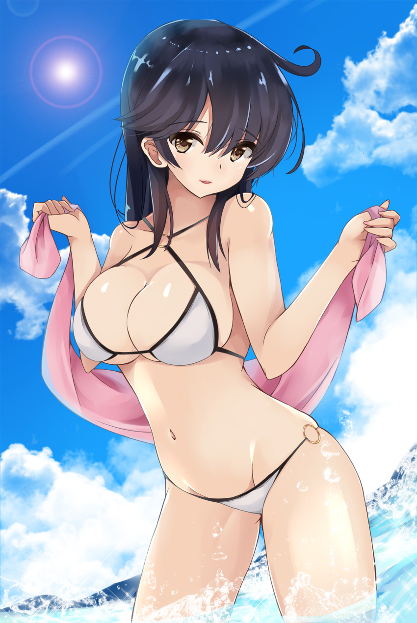 10s 1girl ahoge bikini black_hair breasts brown_eyes collarbone criss-cross_halter day dutch_angle hair_between_eyes halterneck highres kantai_collection large_breasts long_hair looking_at_viewer navel o-ring_bikini o-ring_bottom parted_lips partially_submerged pink_towel skindentation solo splashing standing sunlight swimsuit towel ushio_(kantai_collection) white_bikini youkan_(mattya_youkan)