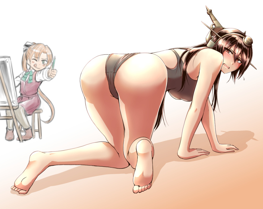10s 2girls ;q akigumo_(kantai_collection) all_fours ass bare_arms bare_legs bare_shoulders barefoot black_hair black_leotard blush breasts canvas_(object) embarrassed feet from_behind full_body headgear kanno_takanori kantai_collection large_breasts leotard long_hair looking_at_viewer looking_back multiple_girls nagato_(kantai_collection) neck_ribbon one_eye_closed parted_lips ponytail red_eyes ribbon school_uniform sitting skirt skirt_set soles toes tongue tongue_out