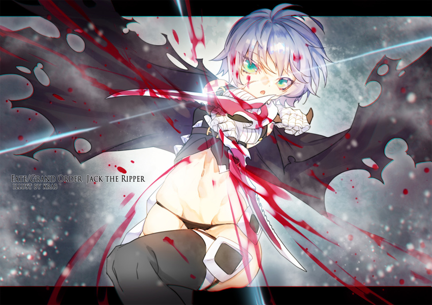 1girl assassin_of_black bandage bandaged_arm black_legwear black_panties blood cloak dagger dual_wielding fate/apocrypha fate/grand_order fate_(series) green_eyes holding holding_weapon krab looking_at_viewer midriff navel open_mouth panties reverse_grip scar scar_on_cheek short_hair silver_hair solo thigh-highs torn_clothes underwear weapon