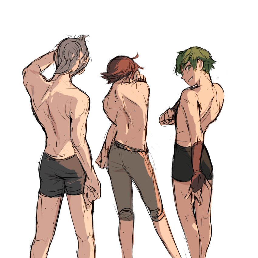 arm_up back blue_hair brown_gloves contrapposto fingerless_gloves fire_emblem fire_emblem:_kakusei fire_emblem:_mystery_of_the_emblem fire_emblem_if gloves gordon_(fire_emblem) green_eyes green_hair highres katy_ho looking_back male_focus redhead rihito shirtless silas_(fire_emblem_if) silver_hair simple_background smile stretch underwear white_background