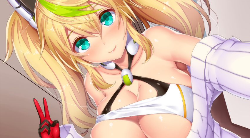 1girl alternate_costume aqua_eyes asamura_hiori bare_shoulders blonde_hair blush breasts cleavage commentary_request crop_top detached_sleeves dutch_angle gene_(pso2) green_hair hair_between_eyes halterneck highres large_breasts light_smile lips long_hair looking_at_viewer multicolored_hair out-of-frame_censoring phantasy_star phantasy_star_online_2 ribbed_sweater shiny shiny_skin sweater twintails upper_body