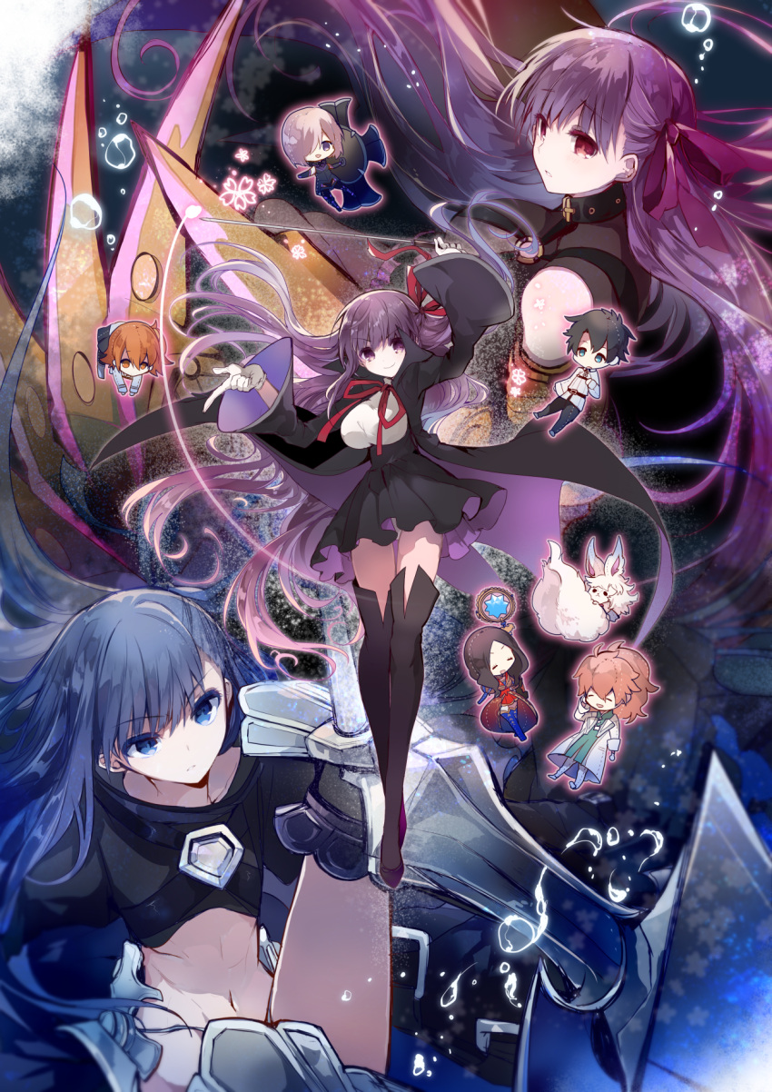 &gt;:&lt; &gt;:) 2boys 6+girls :d air_bubble arm_up bb_(fate/extra_ccc) belt black_legwear blue_eyes blue_hair breasts chibi closed_eyes closed_mouth collar commentary_request creature dress eyebrows_visible_through_hair falling fate/extra fate/extra_ccc fate/grand_order fate_(series) fou_(fate/grand_order) fujimaru_ritsuka_(female) fujimaru_ritsuka_(male) gloves hair_over_one_eye hair_ribbon half_updo highres holding holding_shield holding_staff holding_wand huge_breasts labcoat large_breasts lavender_hair leonardo_da_vinci_(fate/grand_order) long_hair long_sleeves meltlilith midriff multiple_boys multiple_girls navel neck_ribbon open_mouth orange_eyes orange_hair panties pants pantyshot pantyshot_(standing) parted_lips passion_lip pointing ponytail purple_hair red_ribbon ribbon romani_akiman satsuan0120 shield shielder_(fate/grand_order) shoes short_hair smile staff standing thigh-highs underwear violet_eyes wand white_gloves white_panties wide_sleeves