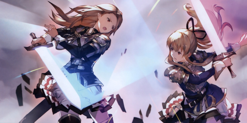 2girls absurdres battle black_ribbon blonde_hair boots brown_eyes catalina_(granblue_fantasy) eye_contact female fighting floating_hair granblue_fantasy hair_ribbon high_ponytail highres holding holding_sword holding_weapon long_hair looking_at_another minaba_hideo miniskirt multiple_girls open_mouth pleated_skirt ribbon sheath skirt spaulders sword sword_fight thigh-highs thigh_boots very_long_hair vira weapon