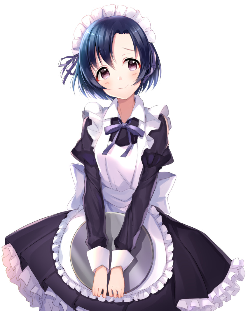 1girl apron black_dress black_hair blue_ribbon blush bow brown_eyes closed_mouth commentary_request dress frilled_apron frilled_dress frills highres holding holding_plate idolmaster idolmaster_cinderella_girls large_bow long_hair long_sleeves maid maid_apron maid_headdress plate puffy_long_sleeves puffy_sleeves ribbon satoimo_chika shiragiku_hotaru short_hair smile solo standing white_apron white_bow
