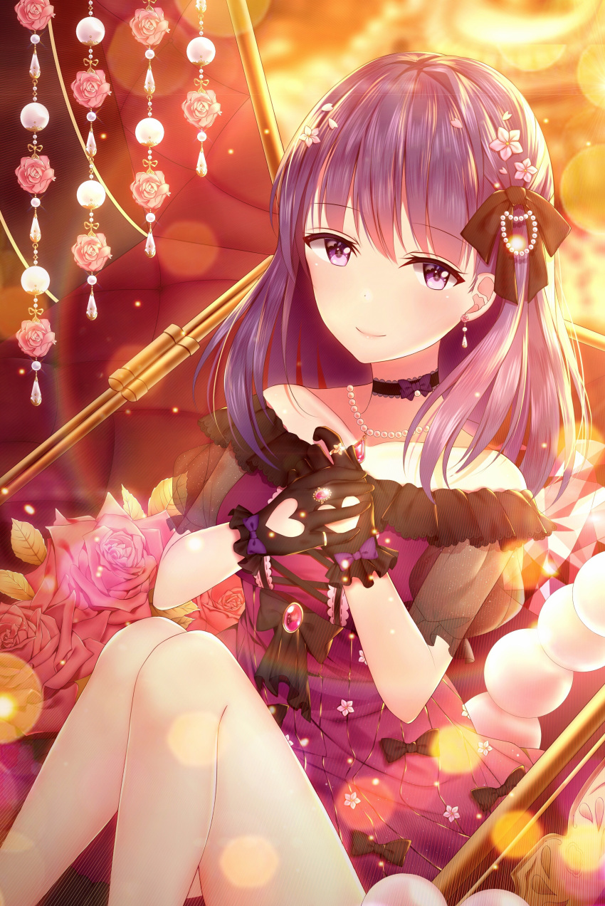 1girl absurdres black_bow black_gloves blush bow choker closed_mouth eyebrows_visible_through_hair facing_viewer fate/grand_order fate/stay_night fate_(series) flower gloves hair_bow hair_flower hair_ornament heart highres jewelry junpaku_karen looking_at_viewer matou_sakura necklace purple_bow purple_hair short_hair smile solo violet_eyes