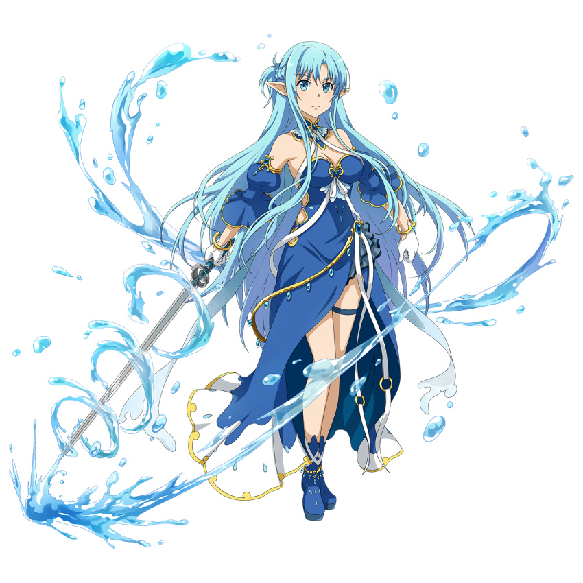 1girl asuna_(sao-alo) blue_boots blue_dress blue_eyes blue_hair boots bracelet breasts choker cleavage detached_sleeves dress eyebrows_visible_through_hair floating_hair full_body gloves highres holding holding_sword holding_weapon jewelry long_hair medium_breasts pointy_ears ribbon solo standing strapless strapless_dress sword sword_art_online thigh_strap transparent_background very_long_hair weapon white_gloves white_ribbon