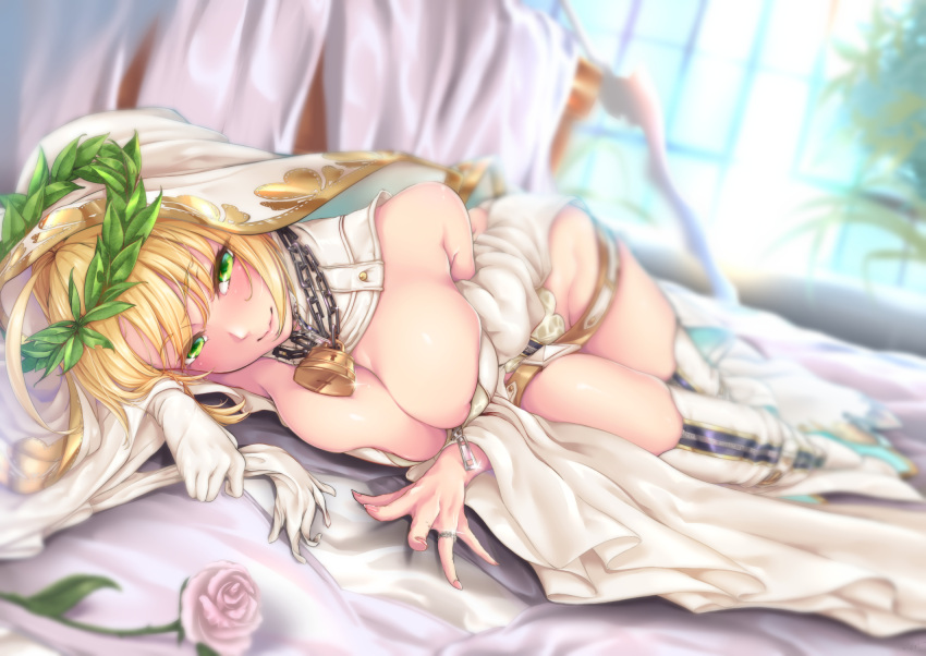 1girl aestus_estus ahoge bangs belt belt_buckle blonde_hair bodysuit breasts bridal_veil buckle catsuit center_opening chains cleavage cowboy_shot eyebrows_visible_through_hair fate/extra fate/extra_ccc fate_(series) flower flower_wreath full-length_zipper gloves green_eyes hair_between_eyes hair_intakes hand_to_own_mouth hand_up highres holding holding_sword holding_weapon kurofude_anastasia legs_together lock long_sleeves looking_at_viewer medium_breasts midriff padlock parted_lips petals saber_bride saber_extra sidelocks simple_background smile solo sword teeth tight unzipped veil weapon white_background white_bodysuit white_gloves zipper