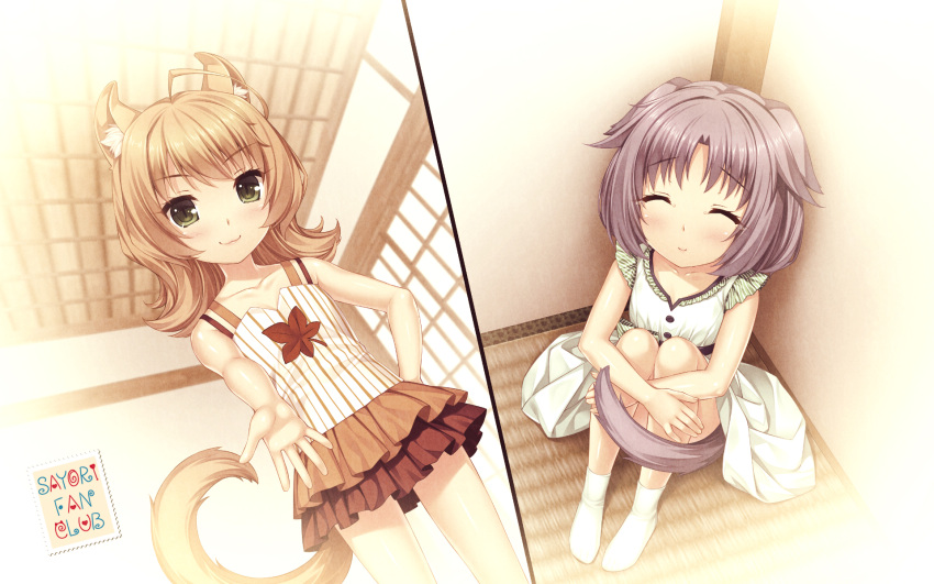 2girls :3 animal_ears artist_name blonde_hair cat_ears cat_tail cinnamon_(sayori) closed_eyes collarbone corner dress eyebrows_visible_through_hair feet green_eyes hand_on_hip highres indoors layered_skirt leaf leg_hug long_hair maple_(sayori) maple_leaf multiple_girls nekopara no_shoes official_art outstretched_arms purple_hair sayori sepia short_hair shouji sitting skirt sliding_doors slit_pupils smile socks split_screen tail tatami tears wallpaper younger