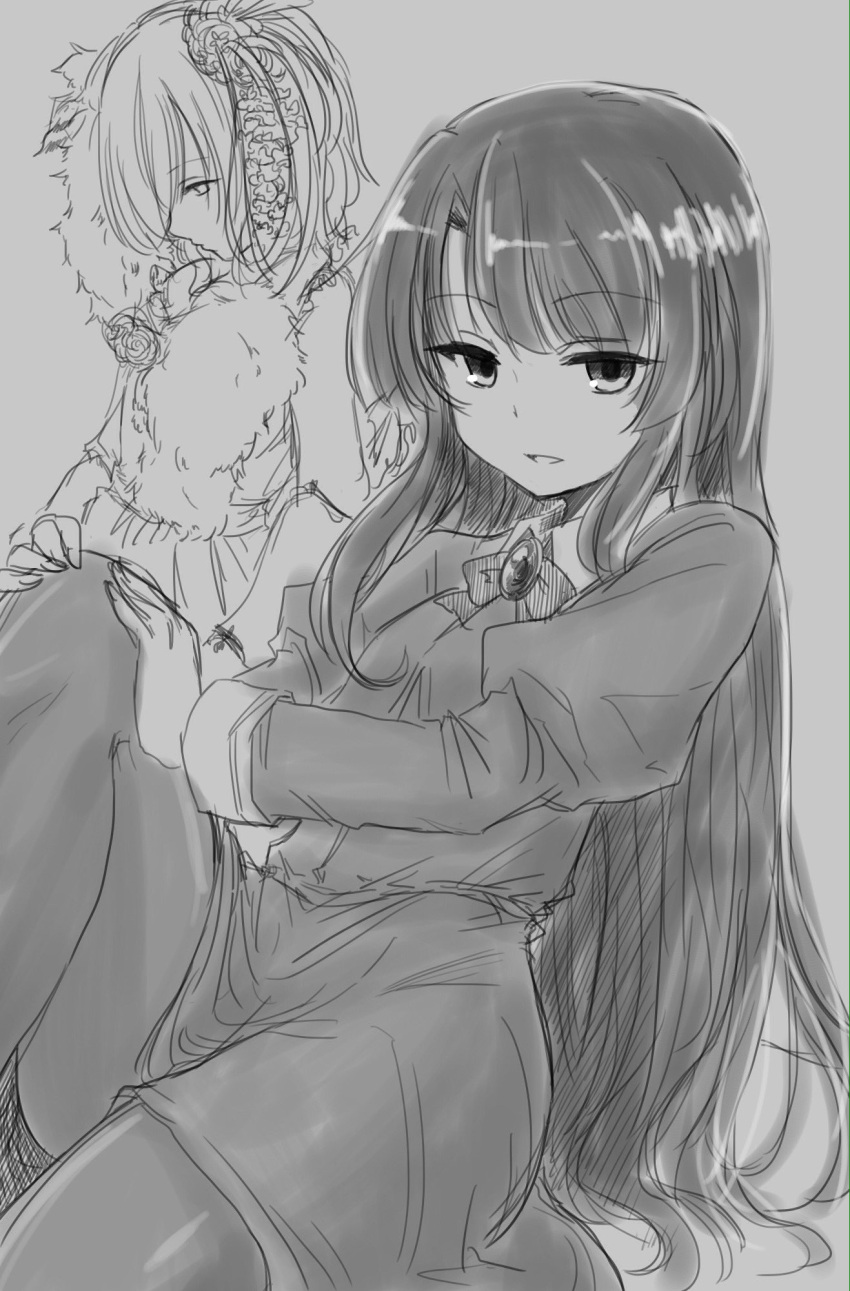 bangs bow bowtie character_request commentary_request copyright_request dress efukei expressionless eyebrows_visible_through_hair grey_background greyscale hands_on_own_knee highres juliet_sleeves long_hair long_sleeves looking_at_viewer monochrome open_mouth pantyhose profile puffy_sleeves short_hair sidelocks simple_background sitting very_long_hair