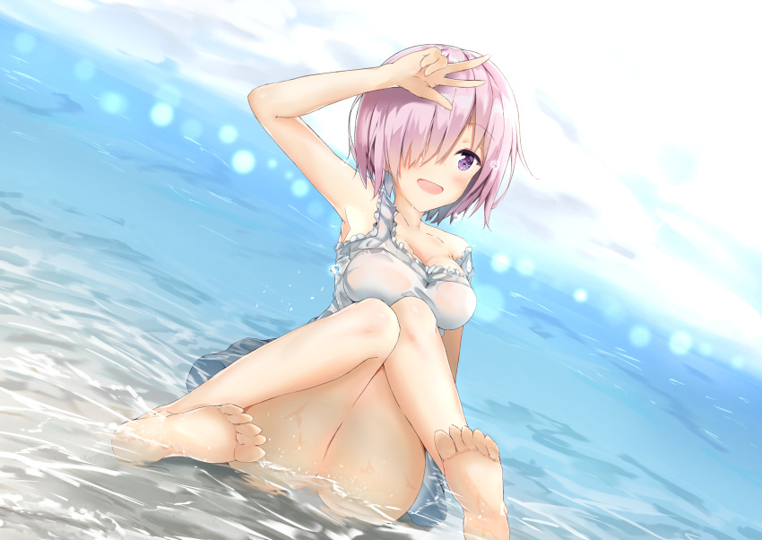 1girl :d absurdres ass bangs bare_arms bare_legs bare_shoulders barefoot blush breasts casual cleavage clouds cloudy_sky collarbone commentary_request day fate/grand_order fate_(series) feet hair_over_one_eye highres knees_together_feet_apart legs_up lens_flare looking_at_viewer medium_breasts open_mouth outdoors partially_submerged pink_hair shielder_(fate/grand_order) short_hair sitting sky sleeveless smile soles solo strap_slip toes v violet_eyes water water_drop yoro_kurenai