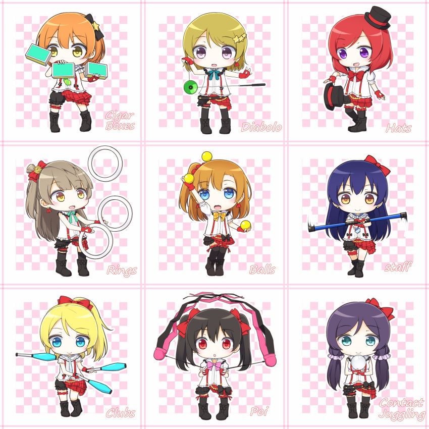 &gt;:) 6+girls :d :o absurdres aqua_ribbon arm_up ayase_eli ball bangs black_boots black_bow black_hat black_legwear blonde_hair blue_eyes blue_hair blush bokura_wa_ima_no_naka_de boots bow brown_eyes brown_hair checkered checkered_background chibi chintara10 cigar_box commentary_request diabolo earrings english eyebrows_visible_through_hair fingerless_gloves gloves hair_bow hair_ornament hair_scrunchie hat highres holding hoshizora_rin idol jewelry juggling koizumi_hanayo kousaka_honoka leg_garter long_hair looking_at_viewer love_live! love_live!_school_idol_project low_twintails minami_kotori mini_hat mini_top_hat motion_lines multiple_girls neck_ribbon necktie nishikino_maki one_side_up open_mouth orange_hair outstretched_arm ponytail puffy_short_sleeves puffy_sleeves purple_hair red_bow red_gloves redhead ribbon ring scrunchie shirt short_sleeves skirt sleeveless sleeveless_shirt smile sonoda_umi staff star star_hair_ornament striped striped_necktie suspenders swept_bangs thigh-highs top_hat toujou_nozomi twintails violet_eyes white_shirt yazawa_nico yellow_eyes