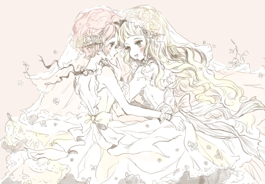 2girls :d aikatsu! bangs blonde_hair blue_eyes blunt_bangs blush bracelet bridal_veil bride clothes_grab commentary_request couple dress eye_contact face-to-face flower gloves half-closed_eyes hand_on_another's_chin head_wreath highres ichiko ichinose_kaede jewelry long_hair looking_at_another multiple_girls open_mouth pale_color pink_hair sash short_hair smile toudou_yurika veil wedding_dress white_dress wife_and_wife yuri