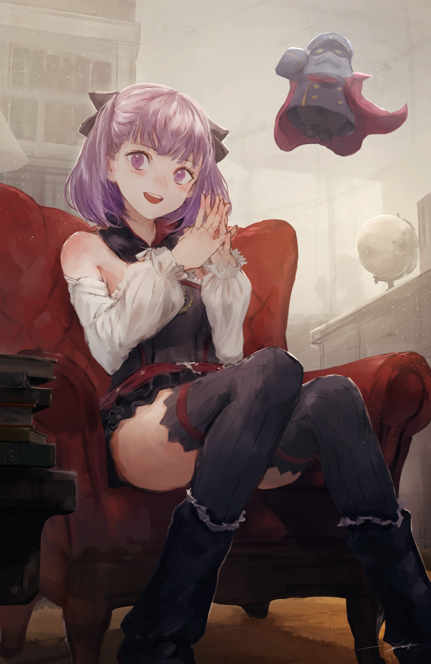 1girl absurdres arm_warmers black_legwear chair dress fate/grand_order fate_(series) hands_together helena_blavatsky_(fate/grand_order) highres indoors knees_together_feet_apart kouzuki_kei looking_at_viewer purple_hair short_dress sitting smile solo strapless strapless_dress thigh-highs violet_eyes