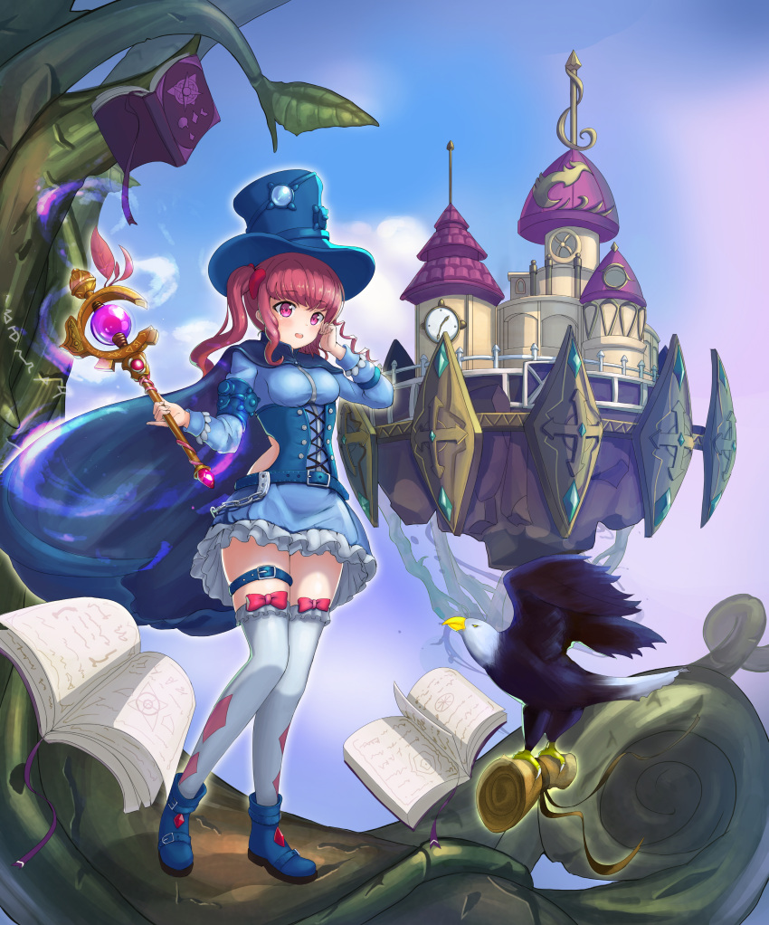 1girl 2drr absurdres animal bird blue_boots blue_hat book boots bow breasts castle eagle eyebrows_visible_through_hair hat highres holding holding_wand long_sleeves looking_away medium_breasts open_book open_mouth original parted_lips pink_bow pink_eyes pink_hair scroll skirt smile solo standing thigh-highs wand white_legwear
