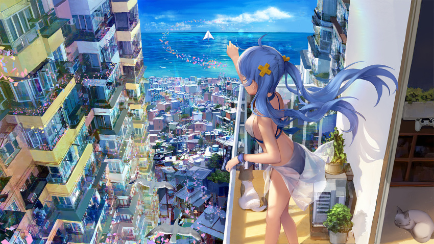 1girl ahoge balcony bikini blue_hair boat building cat character_request city clouds commentary copyright_request day hair_ornament highres horizon long_hair ocean outdoors sarong scenery sky solo stellarism summer swimsuit twintails water watercraft white_bikini wristband