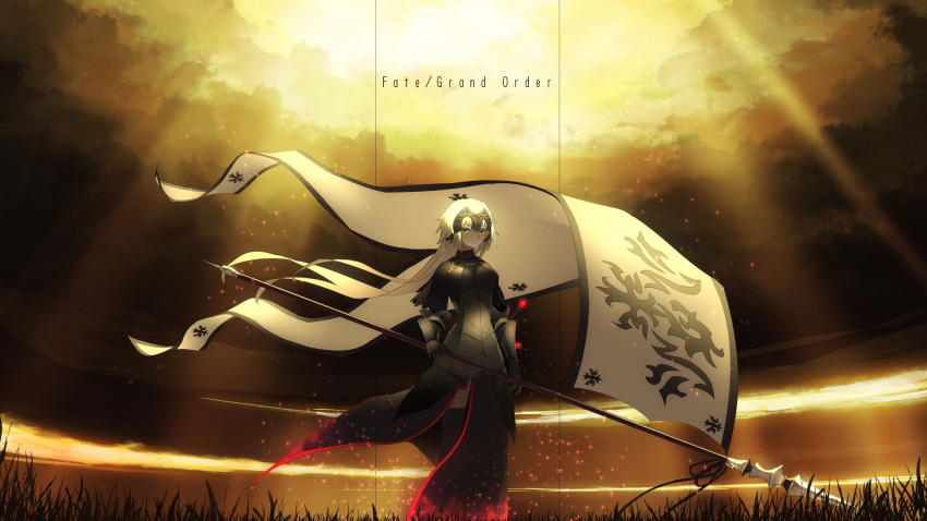 1girl absurdres alternate_hair_length alternate_hairstyle armor asuteroid blonde_hair breasts copyright_name eyebrows_visible_through_hair fate/grand_order fate_(series) headpiece highres holding_flag jeanne_alter large_breasts light_rays long_hair looking_at_viewer ruler_(fate/apocrypha) solo sunbeam sunlight yellow_eyes
