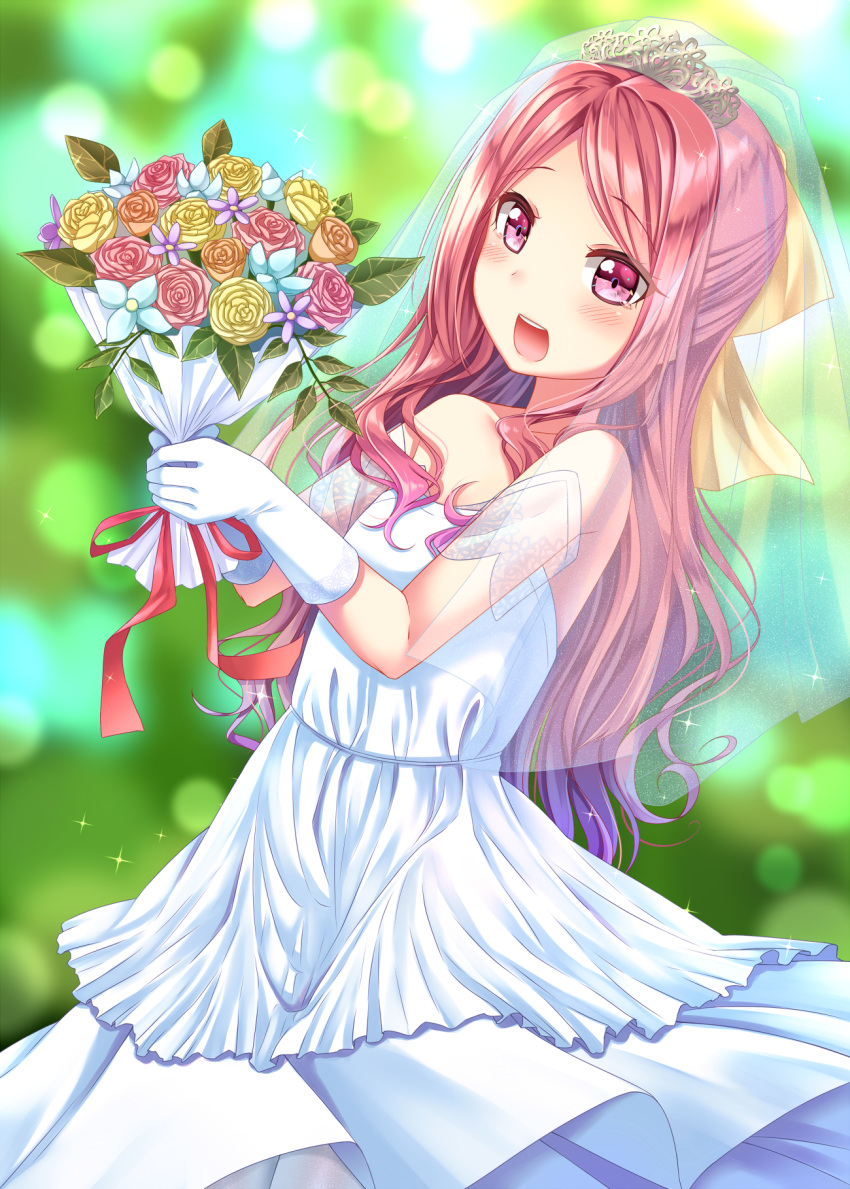 1girl :d alternate_costume alternate_hairstyle blurry blush bouquet bow bridal_gauntlets bridal_veil crying crying_with_eyes_open depth_of_field dress flower gurande_(g-size) hair_bow head_tilt highres holding holding_bouquet kamikaze_(kantai_collection) kantai_collection long_hair open_mouth pink_eyes red_bow smile solo tears veil wavy_hair wedding_dress white_dress