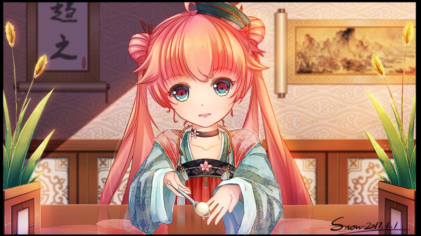 1girl blue_eyes blush dated double_bun eyebrows_visible_through_hair holding holding_spoon long_hair looking_at_viewer parted_lips pink_hair signature sitting smile snow_(676528662) solo table taihou_(zhan_jian_shao_nyu) twintails zhan_jian_shao_nyu