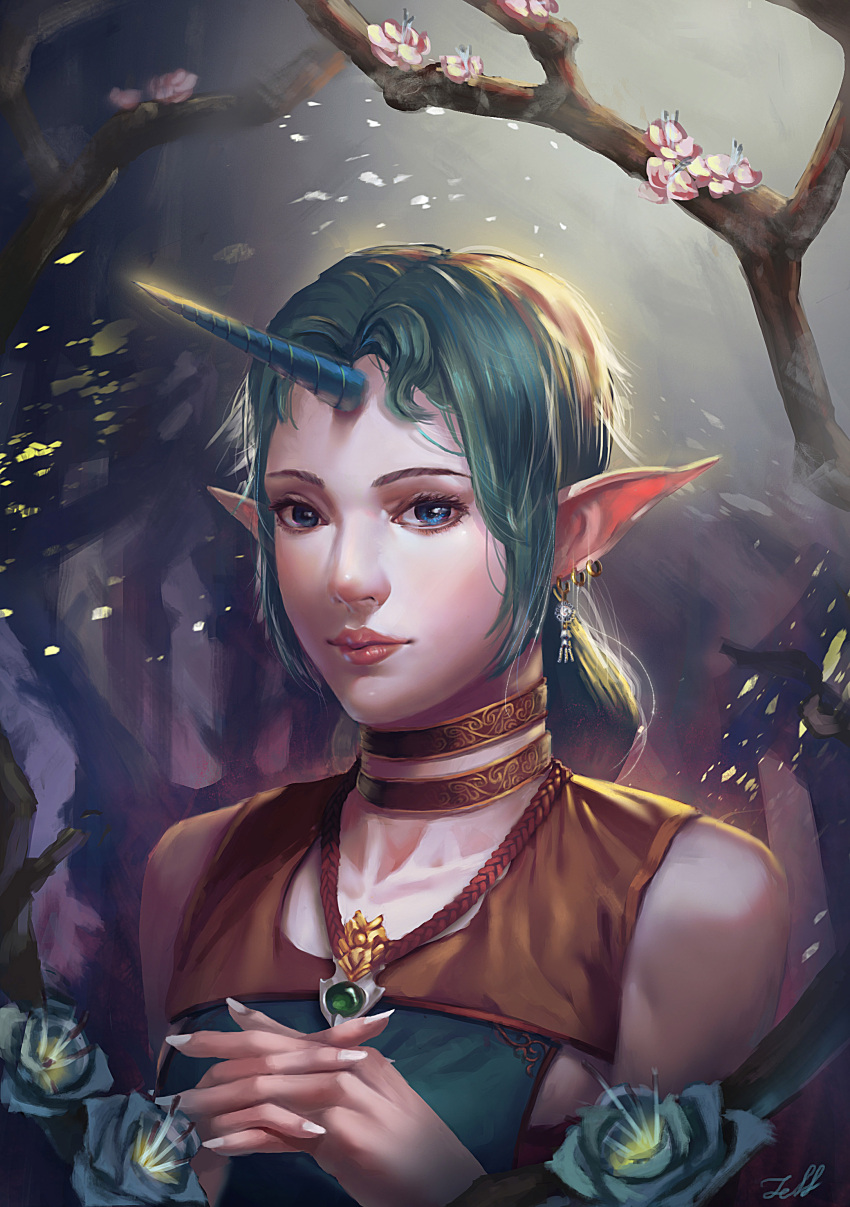 1girl absurdres alternate_color alternate_eye_color alternate_skirt blue_eyes earrings flower highres horn interlocked_fingers jeff930808 jewelry league_of_legends long_hair looking_at_viewer nail_polish pointy_ears signature solo soraka upper_body white_nails